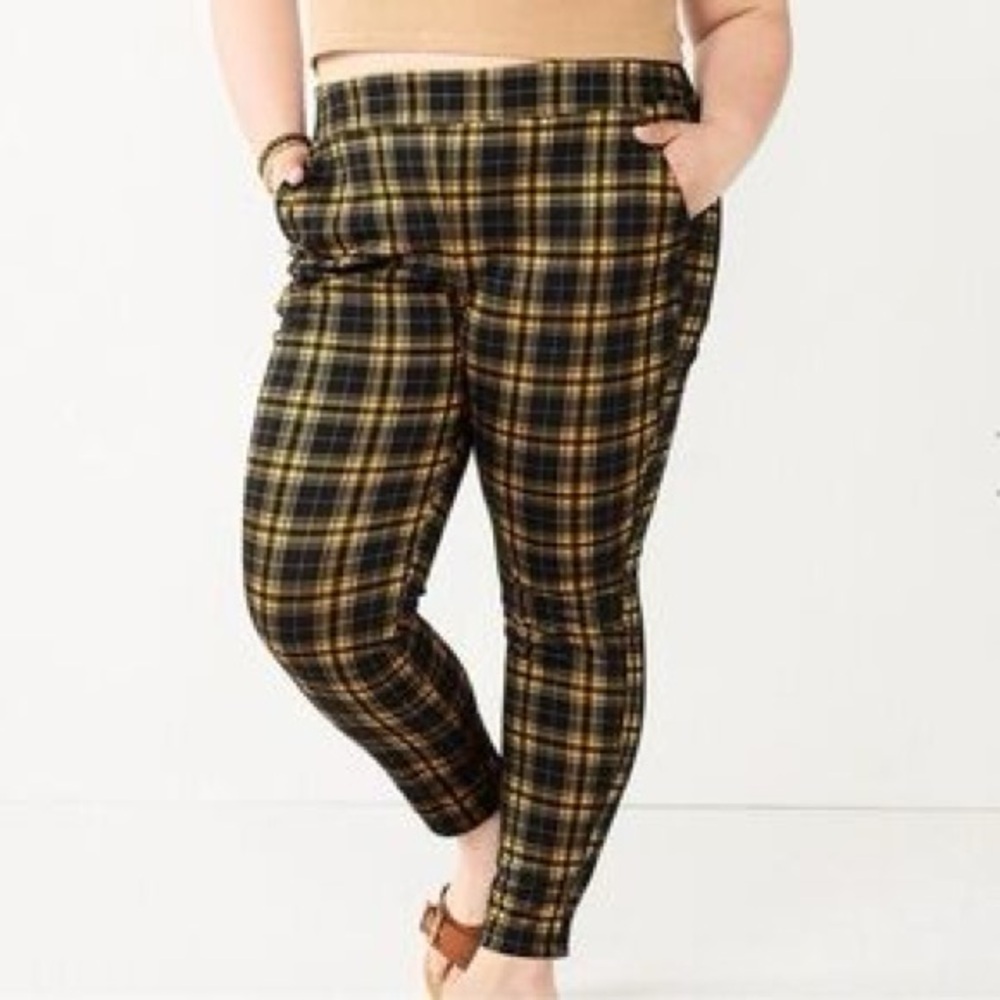 NWOT So (Goods for Life) Black Mustard Plaid High‎ Rise Leggings Pants L (A1)